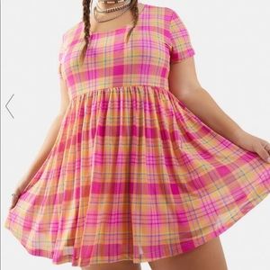 Pink and Yellow Plaid Baby Doll Stretchy Dress